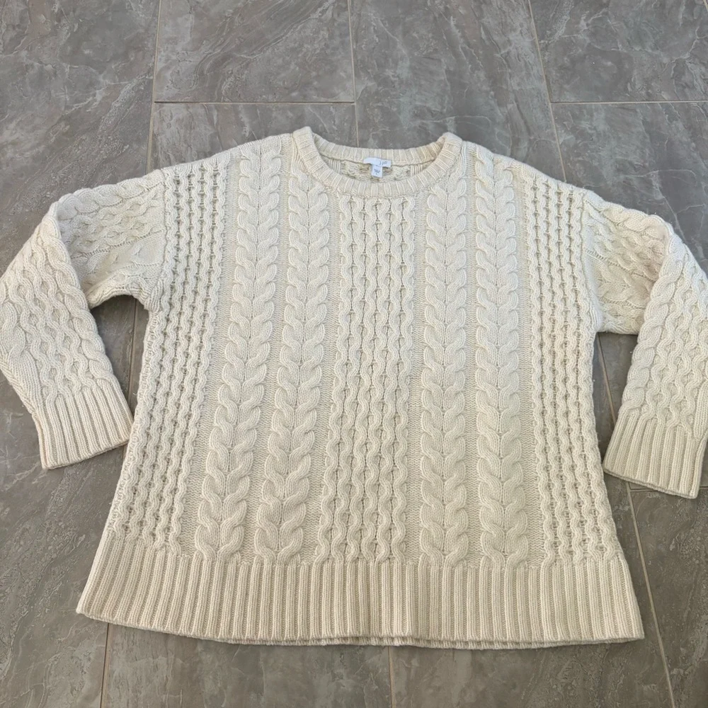 J. Jill Ivory Cream Cable Knit Lambswool Blend Fisherman Sweater Sz L Classic - Picture 7 of 10